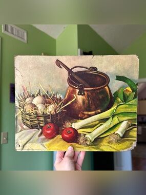 VTG Still Life Print Featuring Kitchen Copper Pot Vegetables + Basket of Eggs